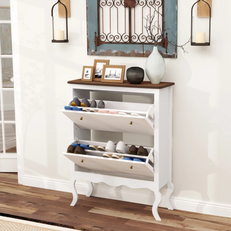 HOMCOM Móvel Sapateira Estilo Francês Sapateira com 2 Gavetas Prateleiras Ajustáveis para 16 Pares de Sapato 84x29x109 cm Branco