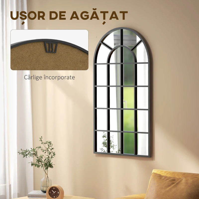 HOMCOM Oglindă Arcuiră pentru Casă și Birou cu Montaj pe Perete, din Sticlă și Metal, 62x2.5x110 cm, Negru