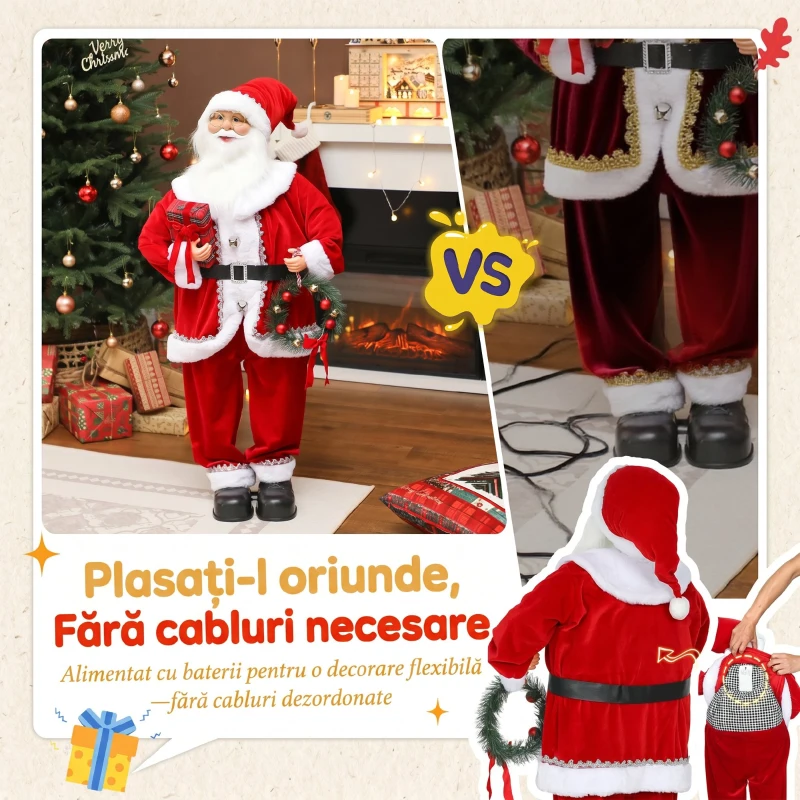 HOMCOM Moș Crăciun Animat Înalt de 120 cm Cântăreț și Dansator pe Baterii, Activare prin Sunet, Costum Roșu