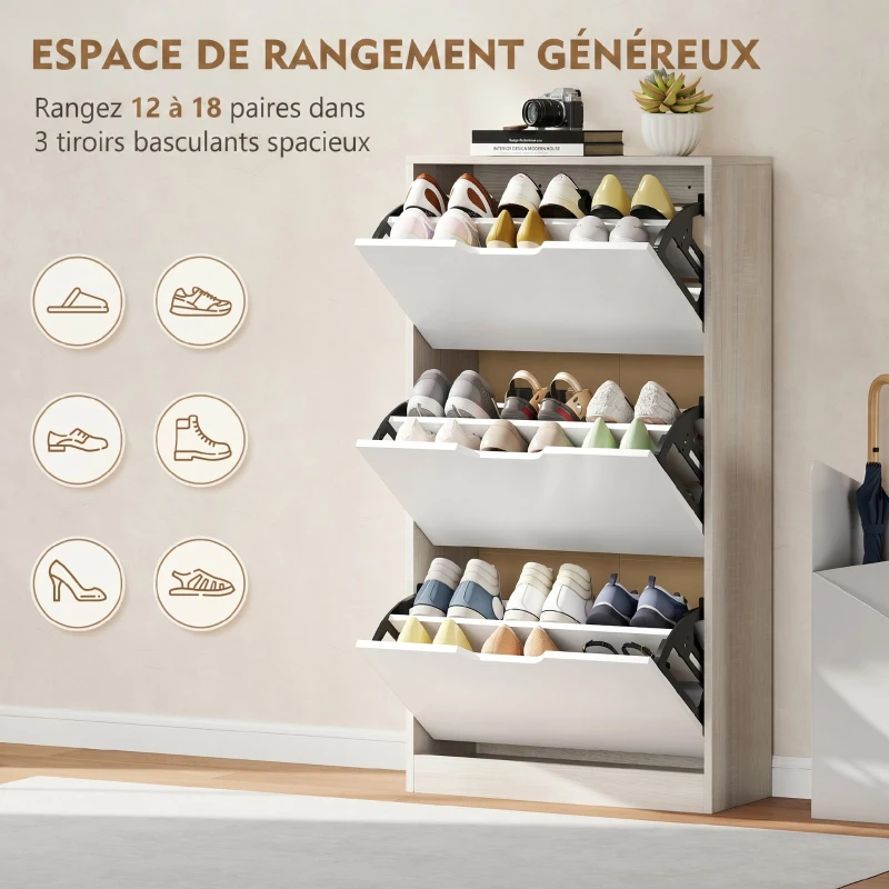 HOMCOM Meuble à chaussures 12 paires, armoire à chaussures étroite, 3 tiroirs rabattables, chêneet blanc