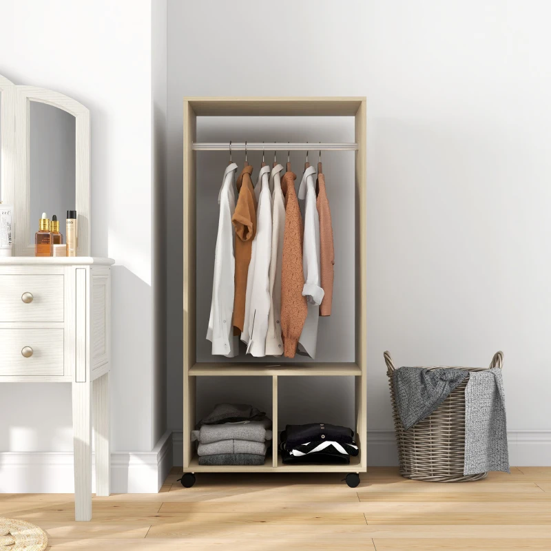 HOMCOM Open Wardrobe on Wheels, Bedroom Wardrobe with Clothes Hanging Rail, 2 Storage Shelves, Mobile Garment Rack for Cloakroom, Hallway, Natural