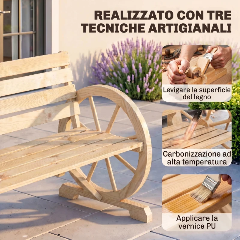 Outsunny Panchina da Giardino 2 Posti a Doghe con Braccioli a Ruota di Carro, in Legno, 105.5x56x79 cm, color Legno