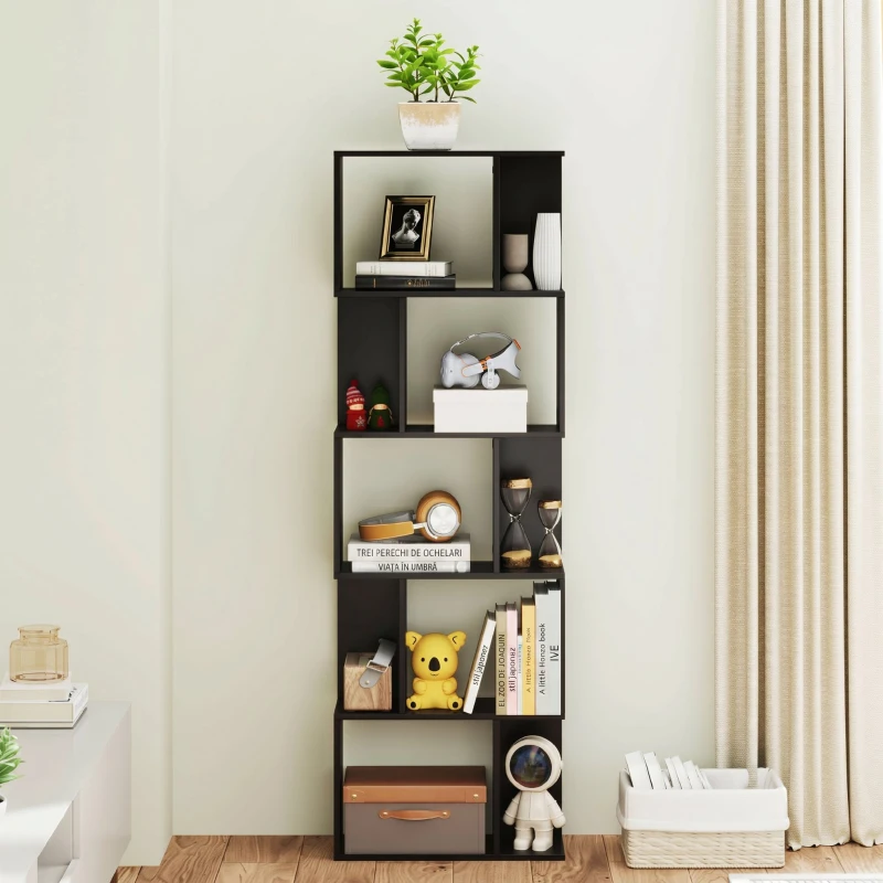 HOMCOM Bibliotecă mobilă modernă cu 5 rafturi din lemn, design modern, 60x24x184,5 cm, negru