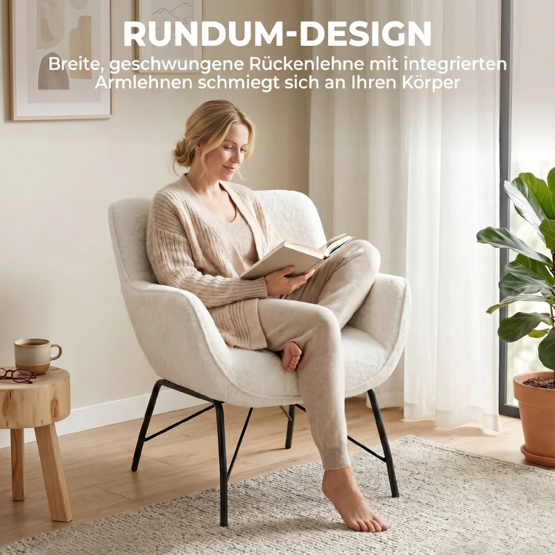HOMCOM Moderner Loungesessel, Sherpa-Fleece Sessel mit gebogener Rückenlehne, integrierten Armlehnen, Metallbeinen, Cremeweiß