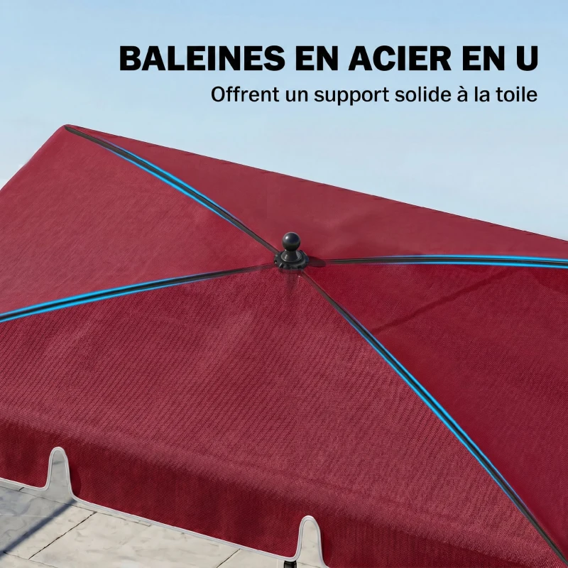 Outsunny Parasol de jardin Parasol droit rectangulaire inclinable alu métal polyester haute densité 2 x 1,3 m rouge