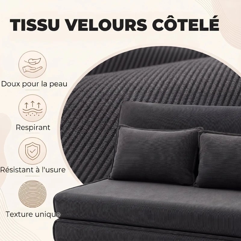 HOMCOM Canapé-Lit Pliant, Chauffeuse 2 Places Convertible Velours Côtelé, Dossier Réglable, Assise Large, 2 Oreillers, Gris
