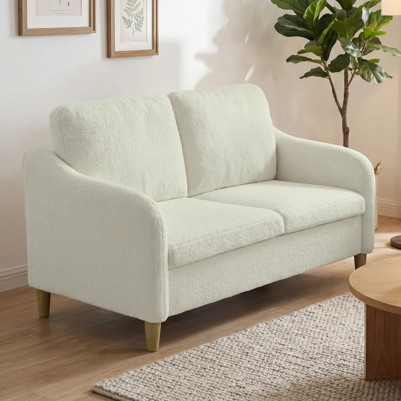 HOMCOM Divano 2 Posti Moderno con Cuscini Spessi e Rivestimento Sherpa, 137x69x82 cm, Crema