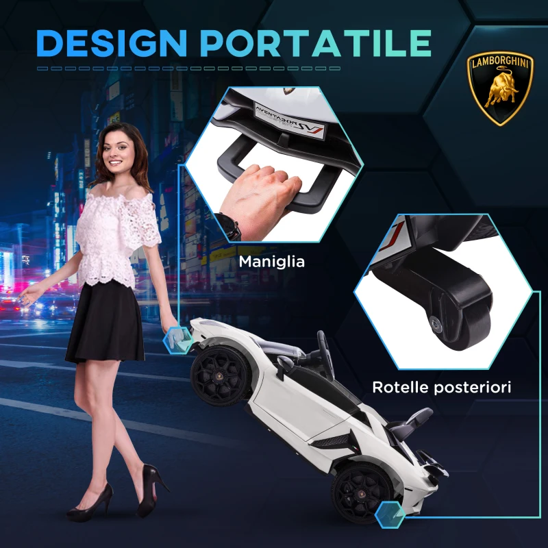 HOMCOM Macchina Elettrica per Bambini a 12V Licenza Lamborghini con Clacson e Telecomando, 107.5x64.5x47 cm, Bianca