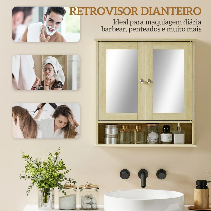 kleankin Armário de Parede com Espelho para Casa de Banho 2 Portas Prateleira Aberta e Ajustável 56x13x58 cm Madeira