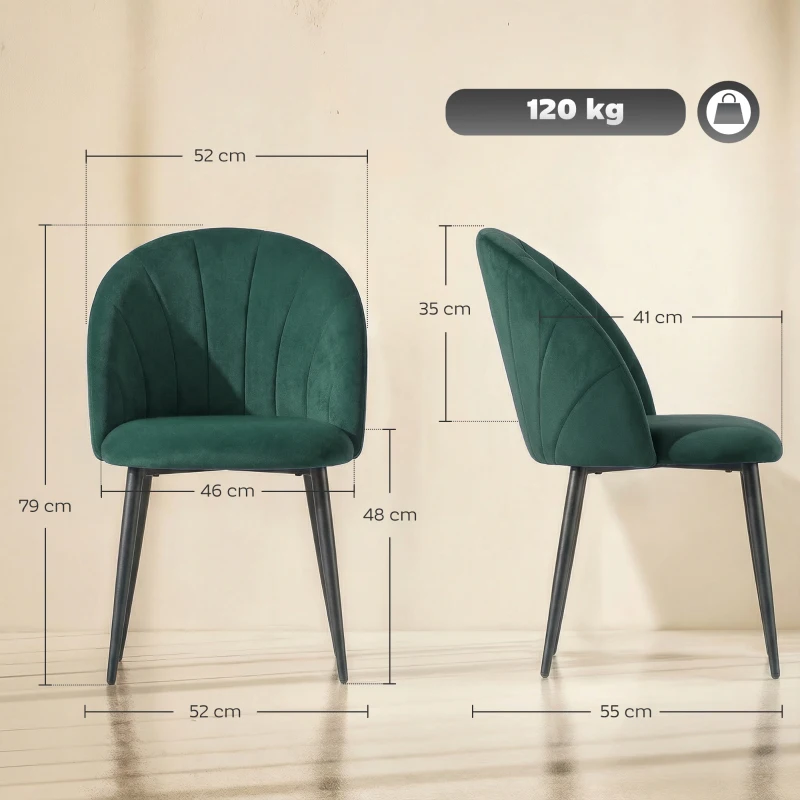 HOMCOM Set 2 Sedie da Pranzo Imbottite con Schienale a Conchiglia in Velluto, 52x55x79 cm, Verde Scuro