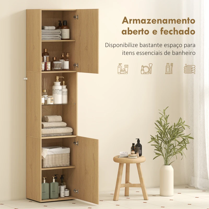 HOMCOM Coluna Casa de Banho Estreita Armário de Banho Alto com 6 Níveis com 2 Portas Prateleira de Vidro  40x31x182 cm Carvalho