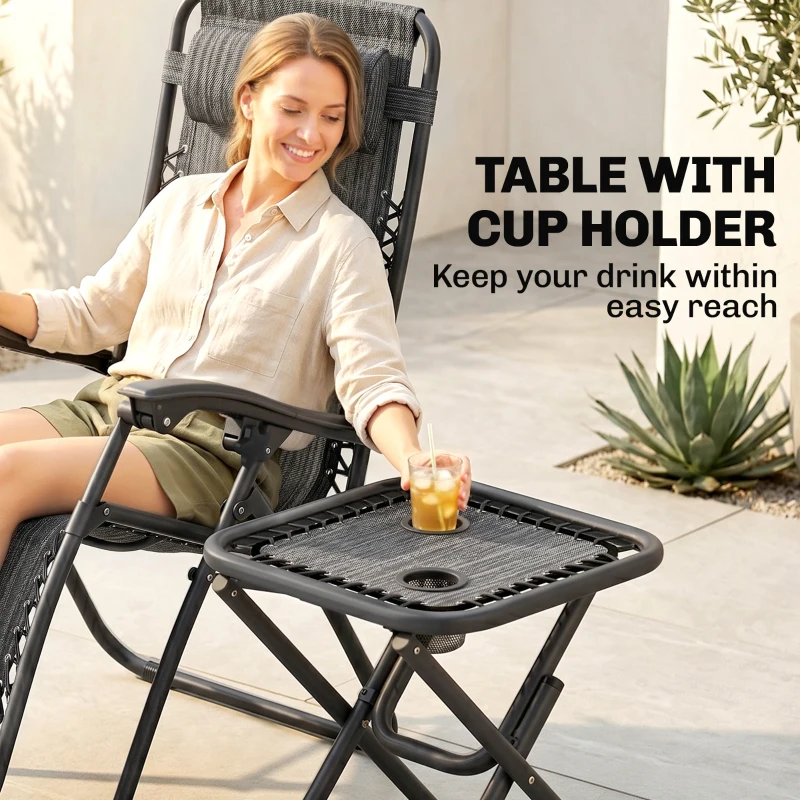 Outsunny 3pcs Folding Zero Gravity Chairs Sun Lounger Table Set w/ Cup Holders Reclining Garden Yard Pool, Light Grey