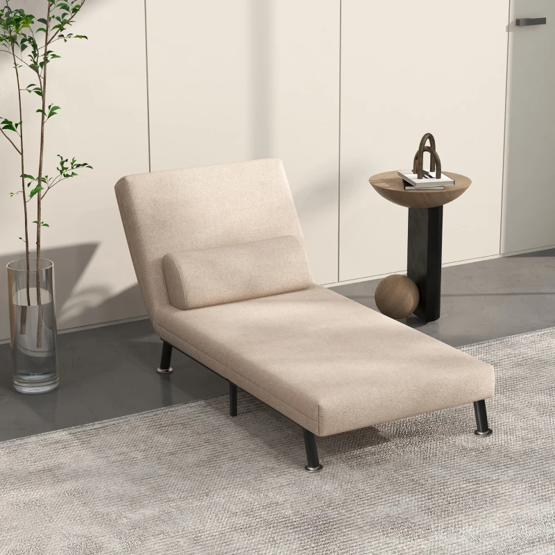 HOMCOM Sofá Cama Individual Dobrável Estofado em Linho com Encosto Ajustável em 5 Níveis e Almofada Acolchoada 75x70x75 cm Bege