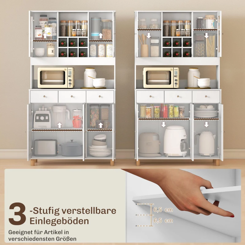 HOMCOM 180 cm Küchenschrank, 2 Glastüren, 3 Schubladen, 4 verstellbare Regale, Esszimmerschrank, Spanplatte, Weiß