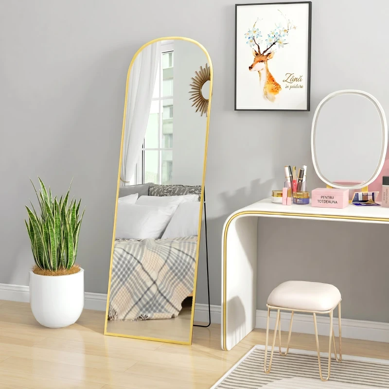 HOMCOM Oglindă de Podea și Perete Modernă din Aliaj de Aluminiu cu Suport Pliabil, 50x161.5 cm, Aur