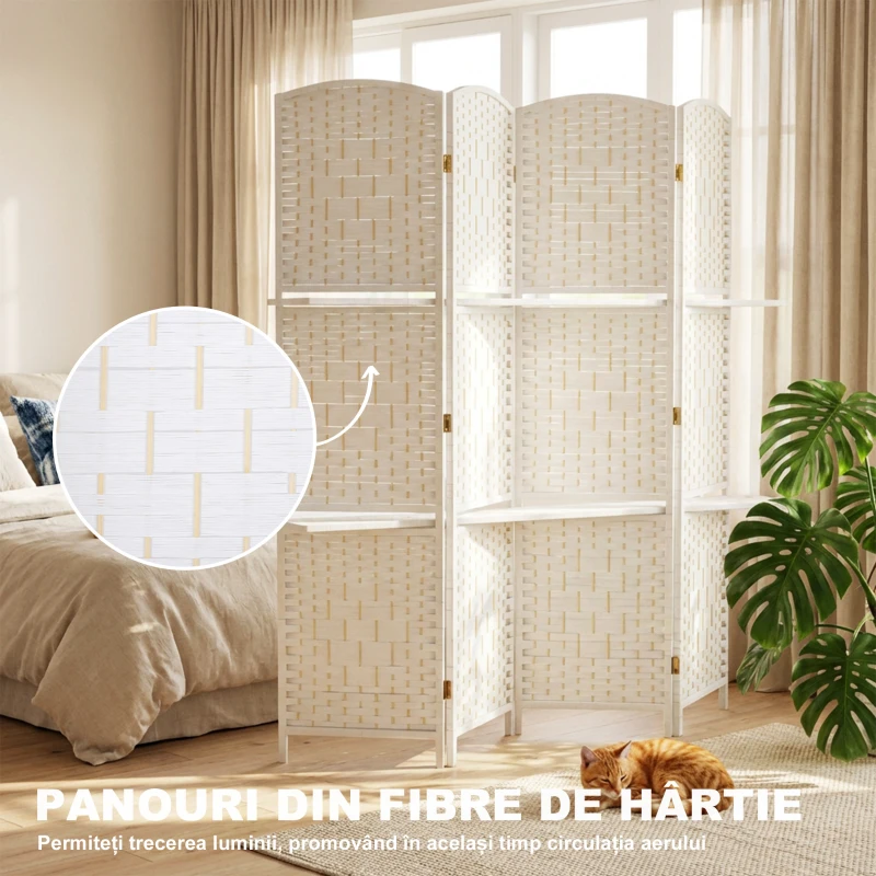 HOMCOM Paravan de interior pliabil cu 4 panouri și rafturi, 160x170 cm, alb