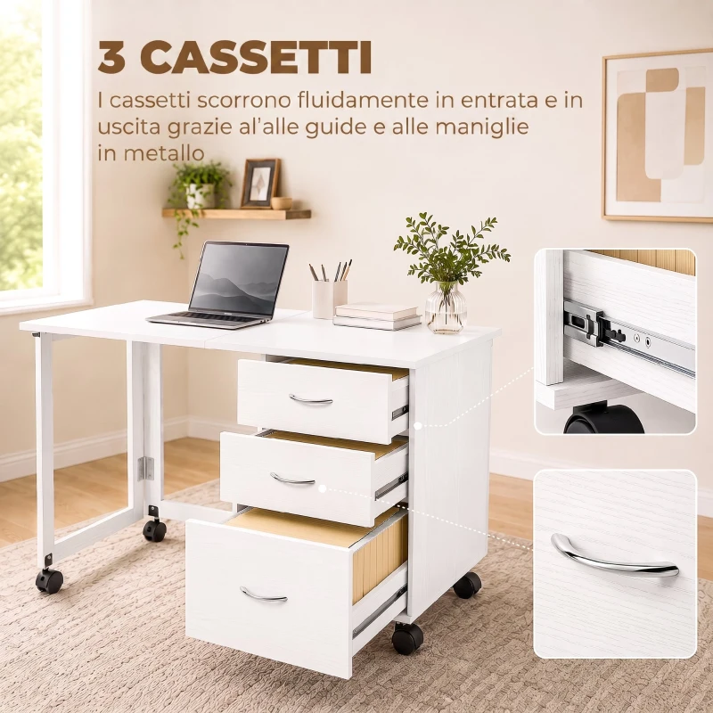 HOMCOM Scrivania Ufficio Pieghevole con 3 Cassetti, 4 Ruote con Freno, Bianco