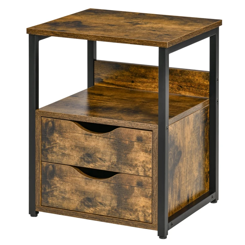 HOMCOM Industrial Side Table with Drawer, Sofa Table, Bedside Cabinet with Storage Shelf, Slim Nightstand for Living Room, Bedroom, Rustic Brown