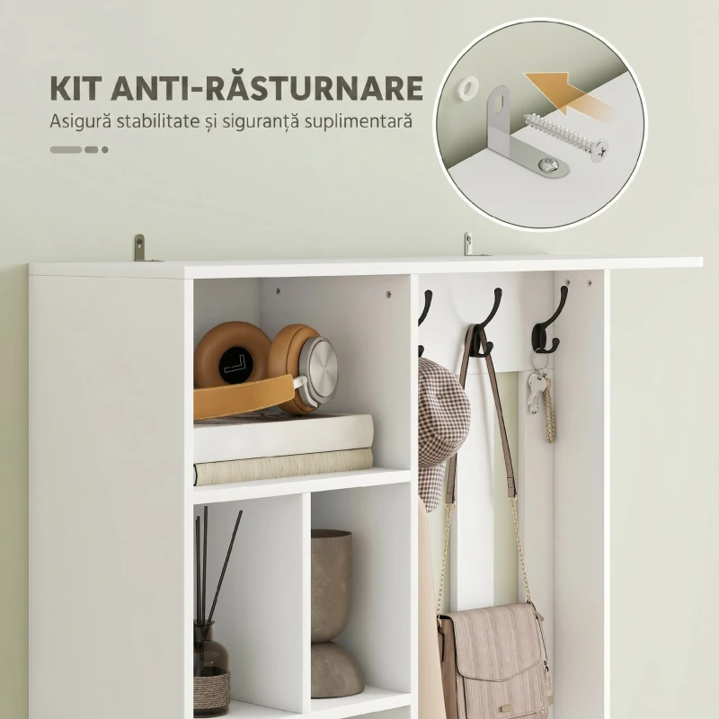 HOMCOM Cuier 180 cm cu Bancă pentru Pantofi, Soluție 4-în-1 cu Raft Reglabil, pentru Hol sau Living, Alb