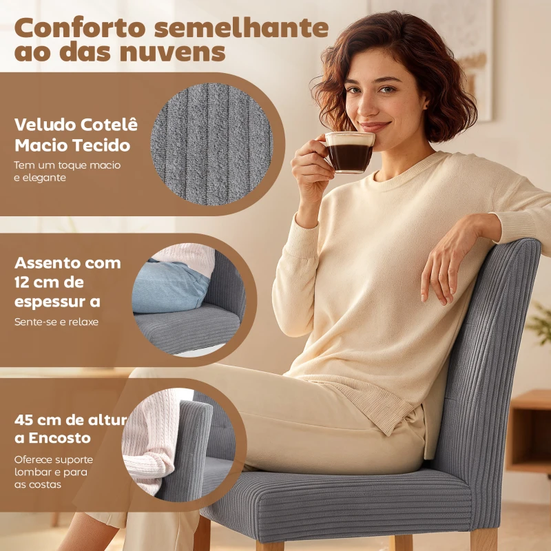 HOMCOM Conjunto de 4 Cadeiras de Jantar Modernas Encosto Alto Estofadas em Tecido Canelado Tipo Veludo  44x56x90 cm Cinzento