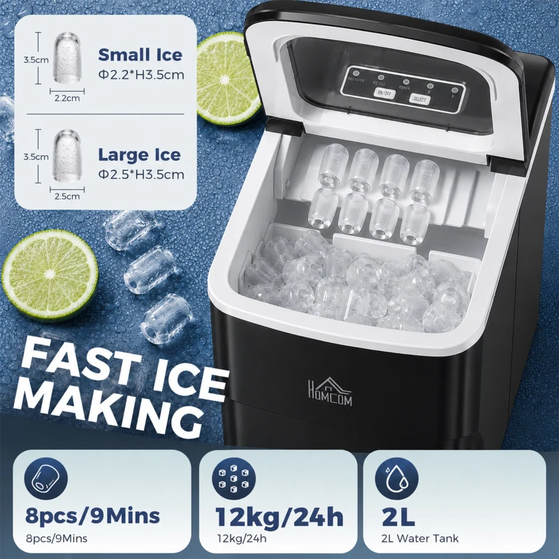 HOMCOM 12kg Countertop Ice Cube Machine, with Scoop - Black
