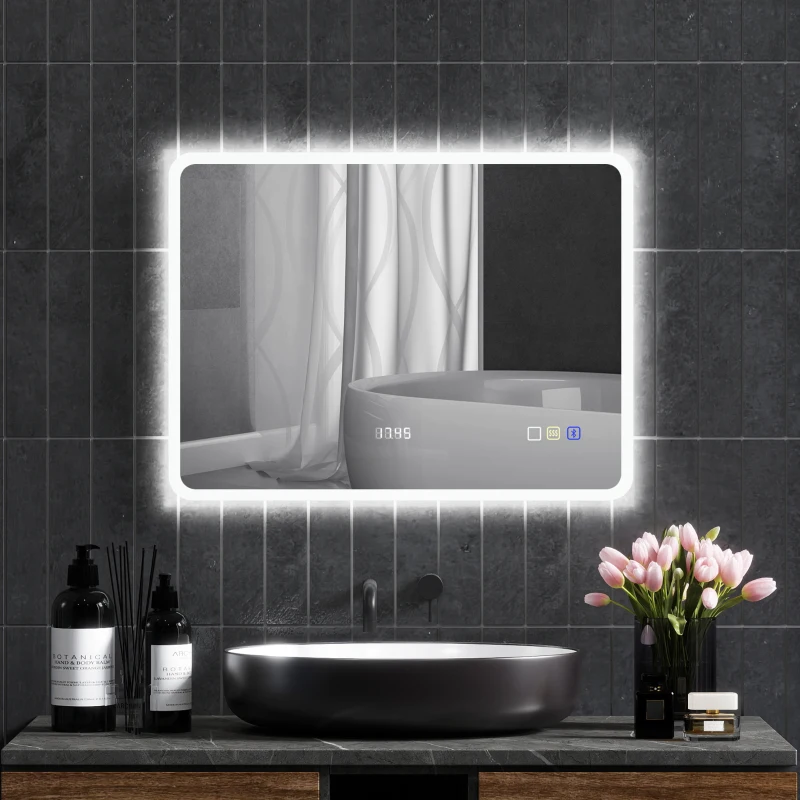 HOMCOM Espelho de Casa de Banho com Luz LED 80x60 cm Bluetooth 3 Cores de Luz Relógio Digital Função Antiembaciamento Função de Memória Prata