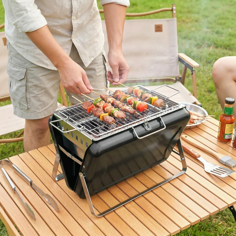 Outsunny Charcoal BBQ Grill Portable Stainless Steel Barbecue with Tilting Grate for Camping Picnic Garden Black