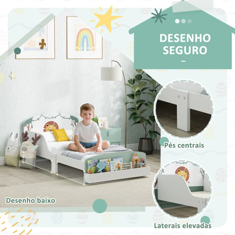 AIYAPLAY Cama Infantil para Crianças +3 Anos 70x140 cm em Madeira com Armazenamento e Desenho de Leão para Quarto Verde
