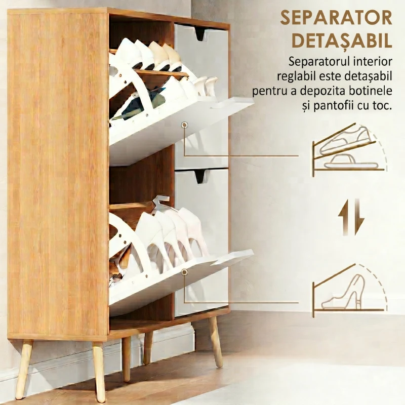 HOMCOM Dulap Pantofar Modern cu 4 Sertare Rabatabile si Raft Reglabil, Organizator de Depozitare pentru Dulap Pantofar de Hol pentru 16 Perechi de Pantofi, Natur