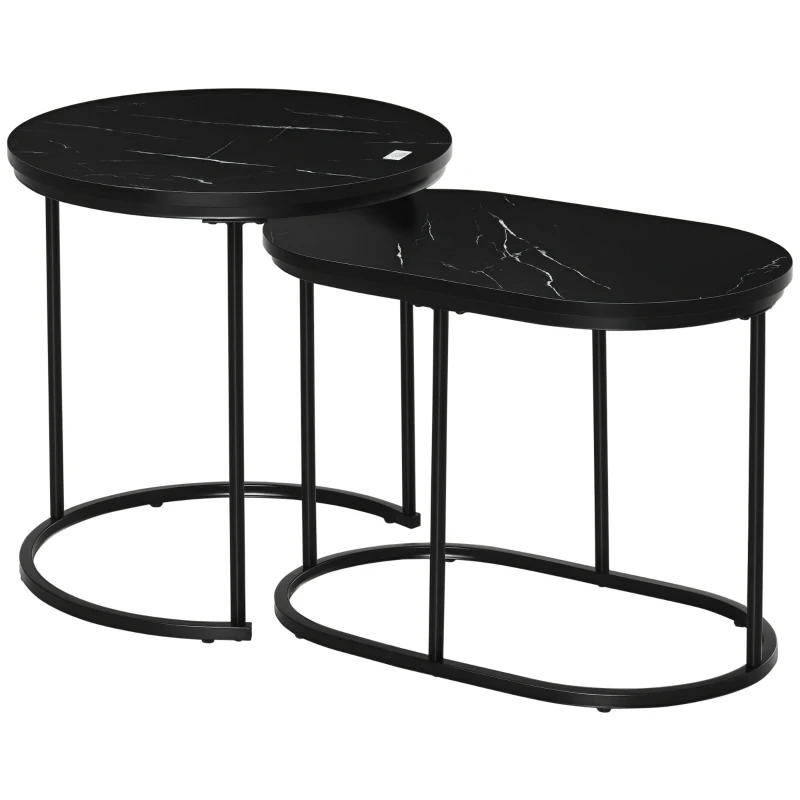 HOMCOM Set 2 măsuțe de cafea cu blat cu efect de marmură, din lemn și oțel, Ø50x50.5 cm și 60x36x43.5 cm, negru