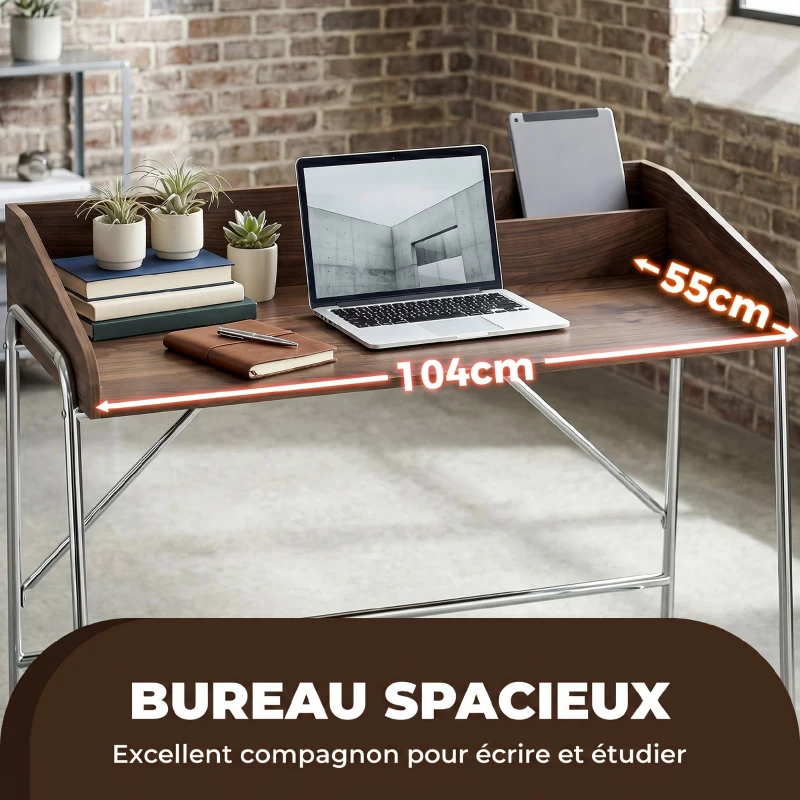 HOMCOM Bureau, bureau d'ordinateur 109 cm avec rebord de sécurité et structure en métal, noyer