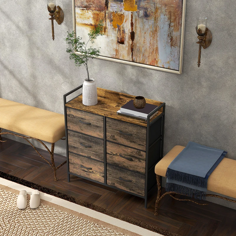 HOMCOM Cómoda com 6 Gavetas Dobráveis de Tecido Estrutura de Aço e Estilo Industrial 79x29x85 cm Castanho Rústico