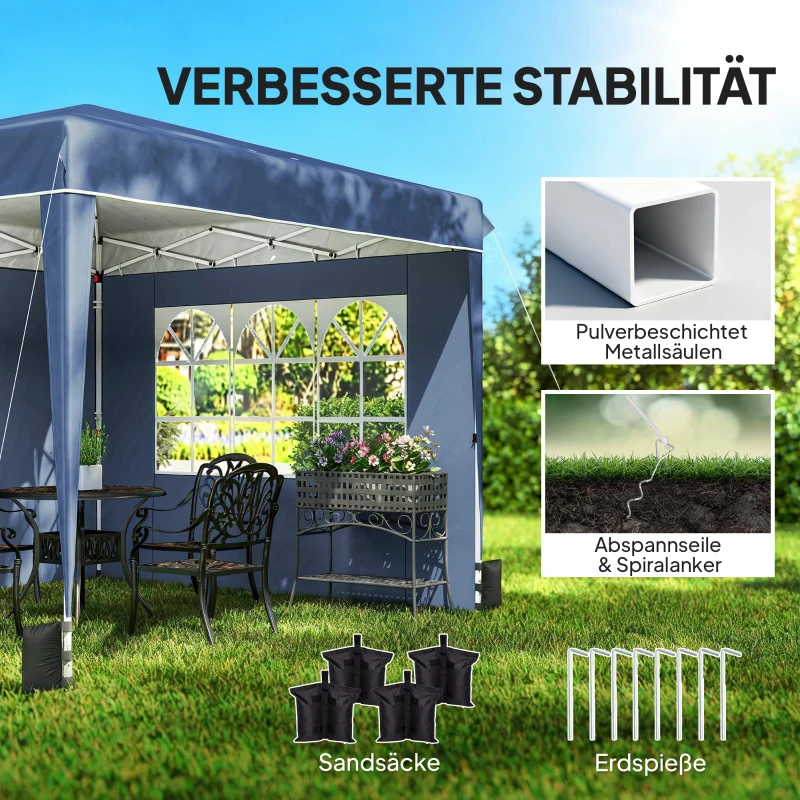 Outsunny Pavillon 3 x3 m Wasserdicht höhenverstellbar Pop-up Faltpavillon mit 2 Seitenteilen, UV 50+ Faltbar Dunkelblau