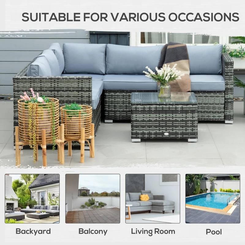 Outsunny 4 Pieces Rattan Garden Furniture Sets, Wicker Patio Conservatory Dining Set with Corner Sofa, Loveseat, Coffee Table, and Cushions for Balcony, Backyard, Pool, Grey