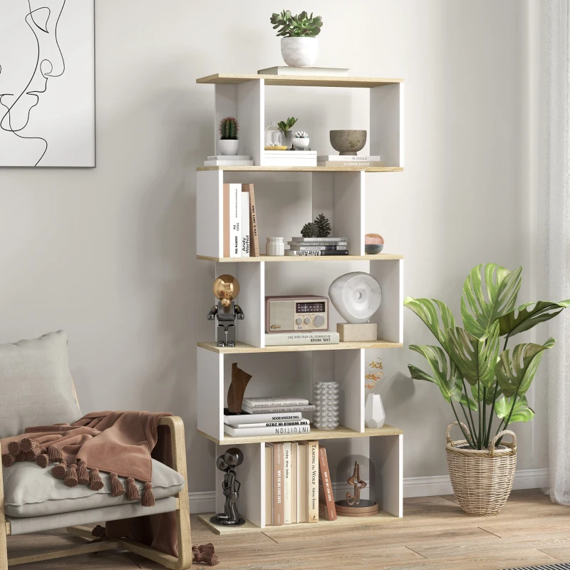 HOMCOM Estante para Livros Estilo Nórdico Estante com 5 Prateleiras Anti-Tombo Carga 25 kg 70x29,5x163 cm Branco e Madeira