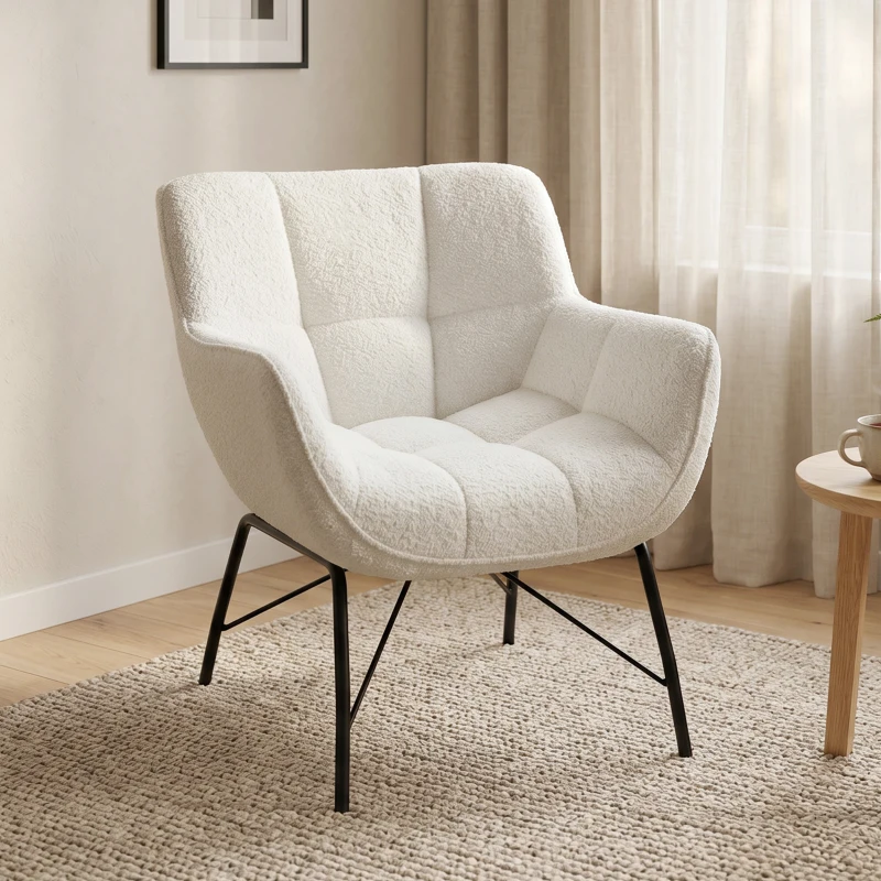 HOMCOM Moderner Loungesessel, Sherpa-Fleece Sessel mit gebogener Rückenlehne, integrierten Armlehnen, Metallbeinen, Cremeweiß