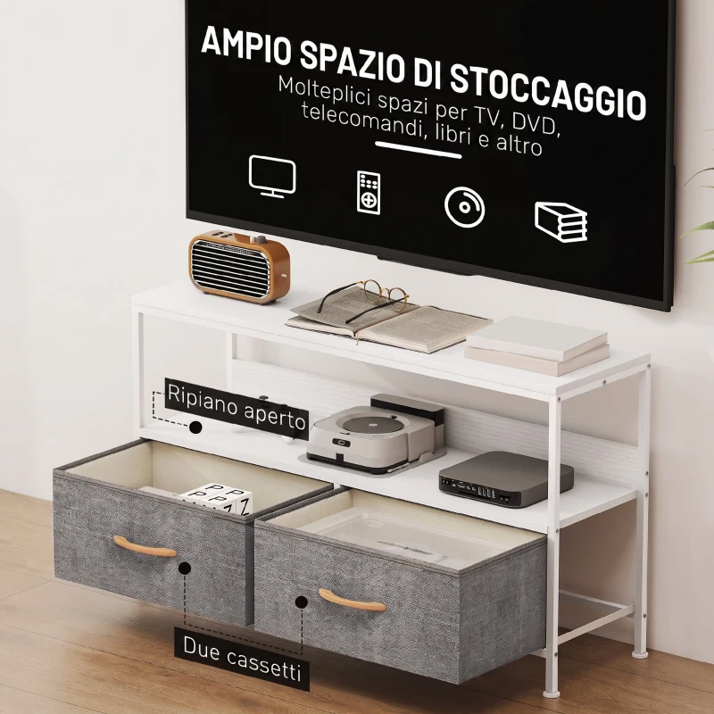 HOMCOM Mobile Porta TV da 47" con Cassetti Pieghevoli in Tessuto e Mensola in Metallo e MDF, 98x29x56 cm, Bianco