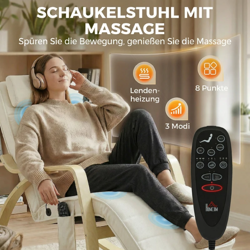 HOMCOM Schaukelstuhl mit Massage, Heizung, Kopfstütze & Fußstütze, Samtbezug, Relaxsessel, Cremeweiß