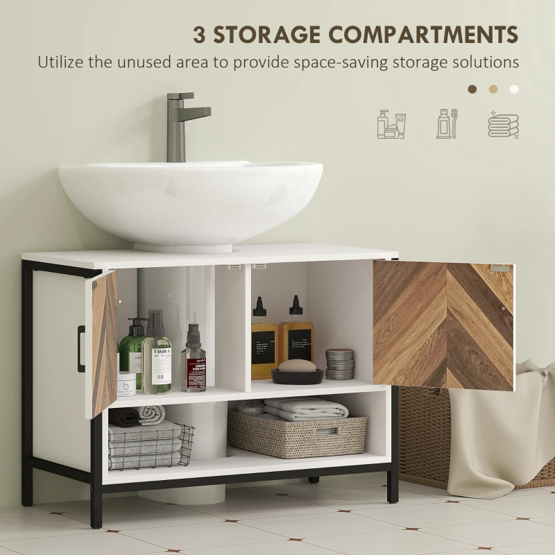 HOMCOM Under Sink Bathroom Cabinet, Rustic Under Sink Cabinet for Basin with or without Pedestal, Cream White and Walnut