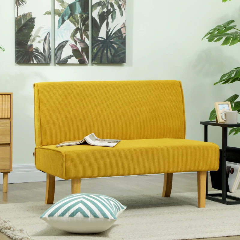 HOMCOM Zweisitzer-Sofa mit Cord-Bezug, dicker Polsterung und soliden Holzbeinen für Wohnzimmer, Schlafzimmer, Büro, Gelb(m-10)