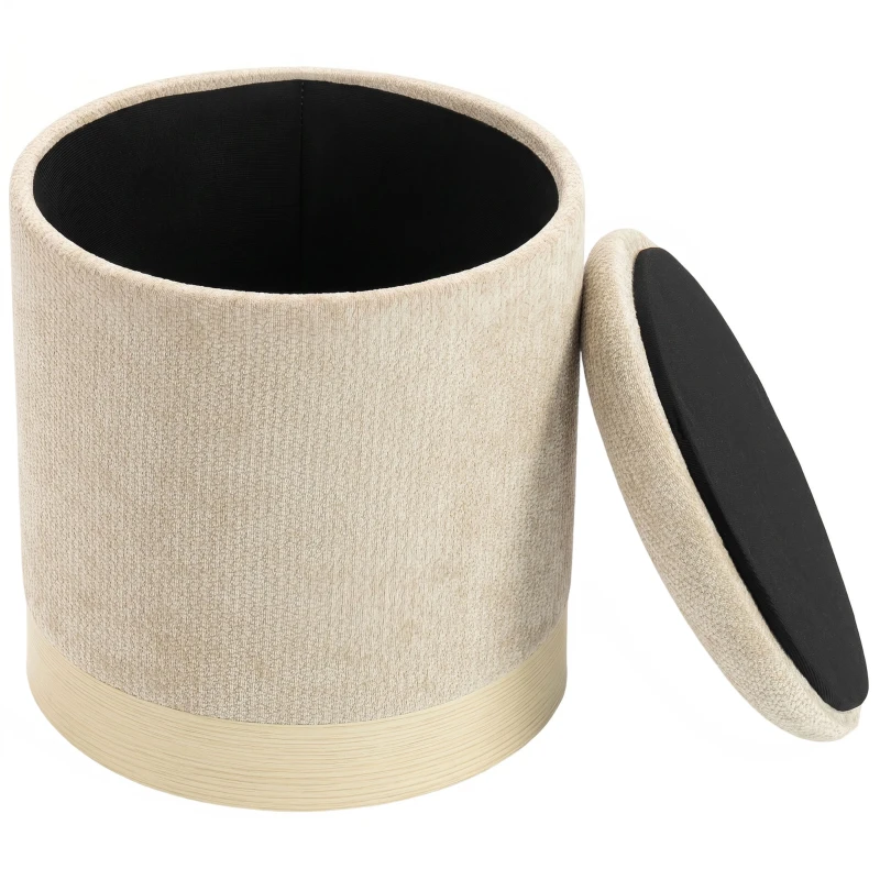 HOMCOM Pouf coffre rangement, tabouret rond en chenille, pouf repose-pieds avec base en métal effet bois, beige
