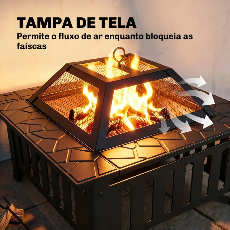 Outsunny Fogareiro Exterior Quadrado em Aço, 67x67x47 cm, com Atiçador e Tampa de Malha, para Festas, Preto