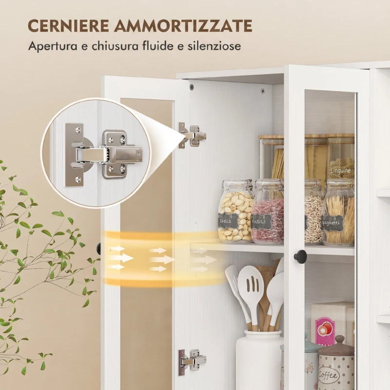 HOMCOM Credenza Cucina Alta, Mobile Dispensa con 4 Ante in Vetro Soft-Close, 6 Ripiani Aperti, Ripiani Regolabili Bianco