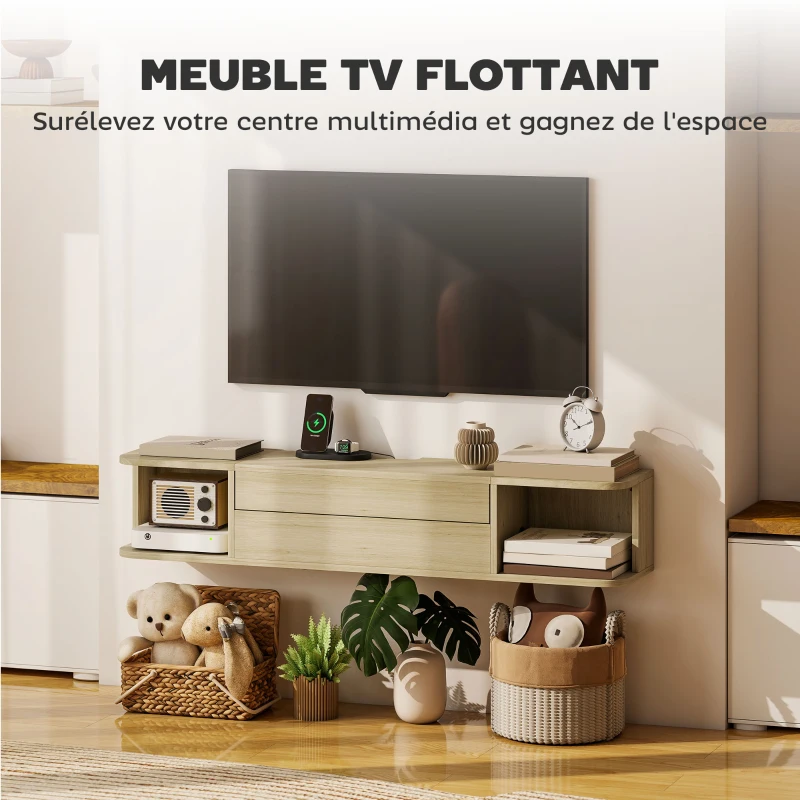 HOMCOM Meuble TV suspendu meuble télé pour téléviseur 50 pouces tiroir étagères passe-câbles 120x24x22,4cm effet bois naturel