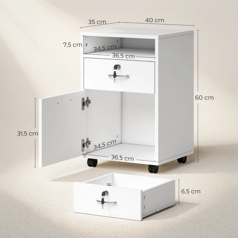HOMCOM Cajonera de Oficina con Cajón con Cerradura y Armario con Ruedas Soporte de Impresora para Estudio 40x35x60 cm Blanco