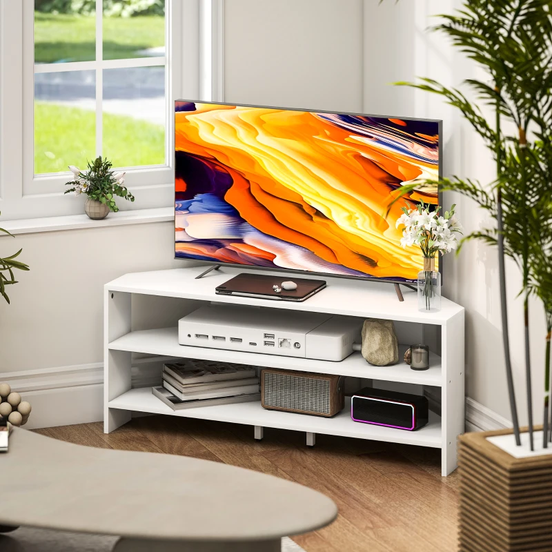 HOMCOM Mobil TV de colț pentru 47" max cu 2 rafturi deschise, din lemn, 110x36x45 cm, alb