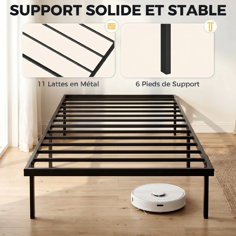 HOMCOM Cadre de lit 90 x 200 cm avec sommier en métal, lit simple avec rangement au-dessous, sans bruit, montage facile, noir