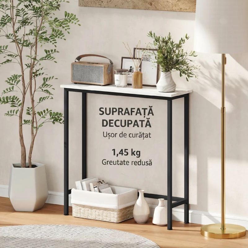 HOMCOM Masă consolă de intrare cu blat cu efect de marmură, din lemn și oțel, 75x24x76 cm, alb și negru