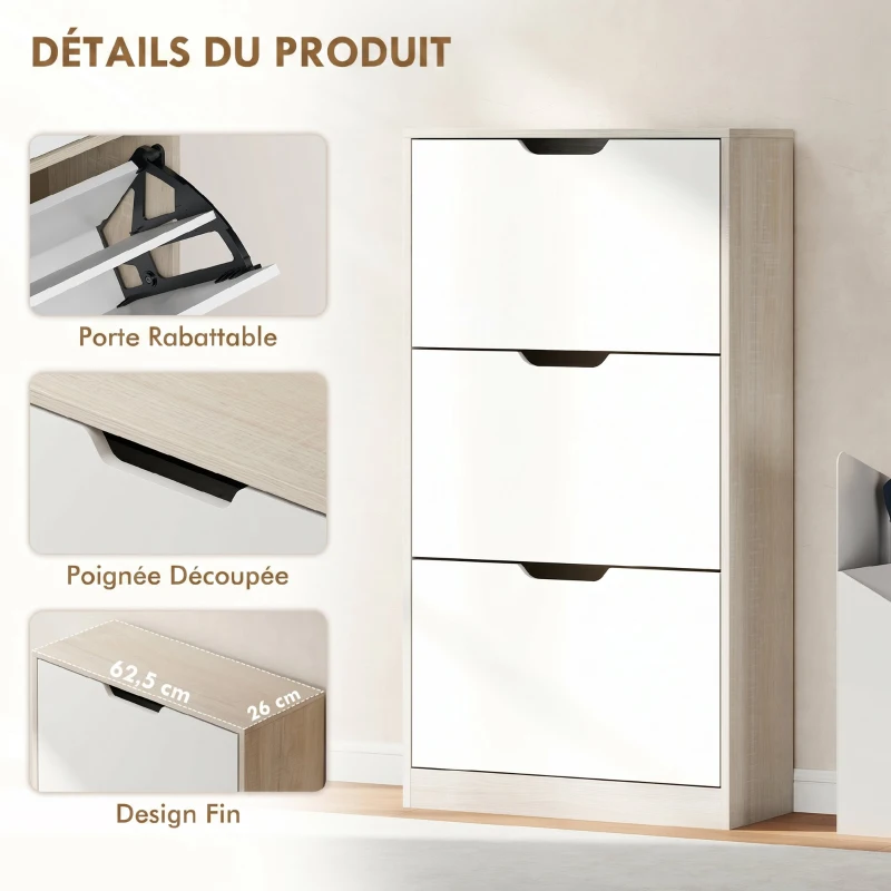 HOMCOM Meuble à chaussures 12 paires, armoire à chaussures étroite, 3 tiroirs rabattables, chêneet blanc