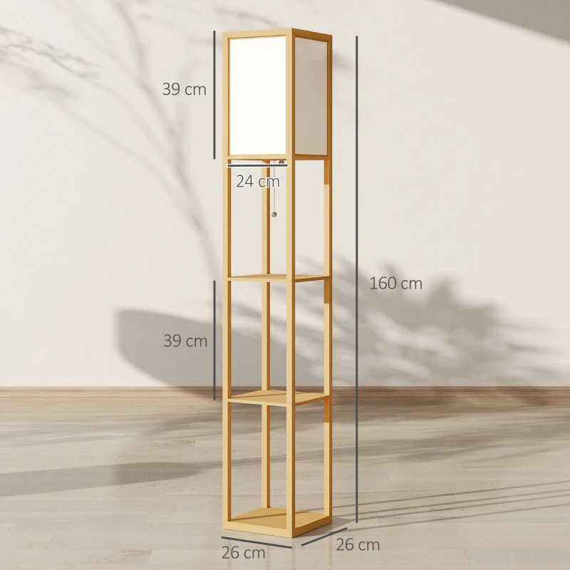 HOMCOM Candeeiro de Pé de Madeira com 3 Prateleiras para Lâmpada E27 Potência Máx. 40W 26x26x160 cm Madeira e Branco